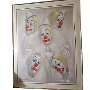 Vintage Leighton Jones 1976 DAC NY Framed Art Print Five Sad Clowns Melancholy